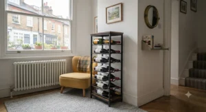 Compact freestanding wine rack designed for small British apartments and tight spaces.