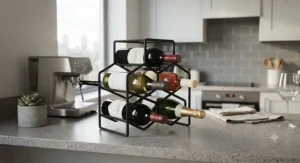 Compact black metal countertop wine rack designed for small spaces and flats