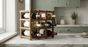 Compact wooden countertop wine rack designed for small kitchen worktops