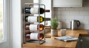 Narrow small countertop wine rack for kitchen designed for compact British flats and apartments
