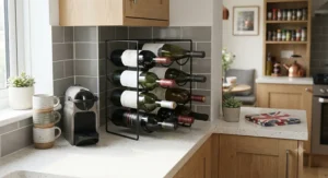 Space-saving corner countertop wine rack maximising storage in a compact kitchen