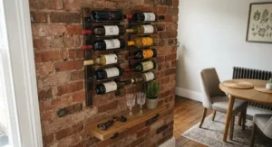 Compact industrial wall mounted wine rack ideal for small dining room storage