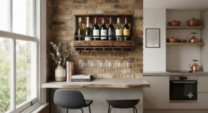 Space-saving kitchen wall wine rack with glass holder mounted above a breakfast bar in a flat.