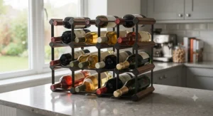 Modular stackable countertop wine rack system filled with red and white wine bottles