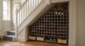 Compact stackable modular wine rack system fitted neatly into an under-stairs alcove in a UK home.