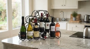 Sturdy metal countertop wine rack featuring a geometric design, holding multiple bottles securely.