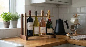 Freestanding small countertop wine rack for kitchen styled alongside a kettle and mugs