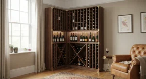 Space-saving large floor-standing wine rack designed to fit neatly into the corner of a living space.