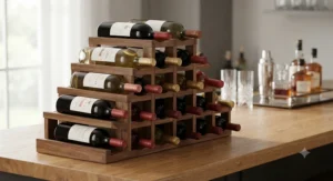 Tiered wooden countertop wine rack providing large bottle storage for home bars