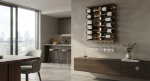 Vertical floating wine rack for wall display featuring integrated stemware holders underneath.