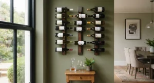 A stylish vertical wall mounted wine rack showcasing a collection of fine wine bottles.