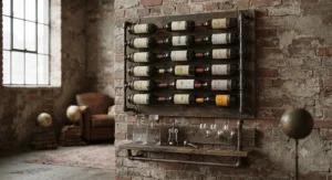 Vintage inspired industrial wine rack with reclaimed wood and pipe fittings
