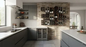 Wall-mounted modular wine rack system installed in a contemporary fitted kitchen for efficient bottle storage.