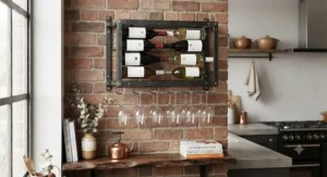 Industrial style black metal kitchen wall wine rack with built-in stemware holder displaying wine glasses.