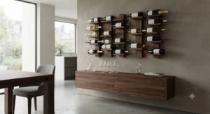 Dark walnut floating wine rack for wall decor mounted above a sideboard in a dining room.