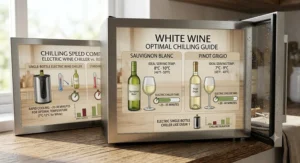 Guide illustrating ideal serving temperatures and electric wine chiller cooling time for Sauvignon Blanc and Pinot Grigio.