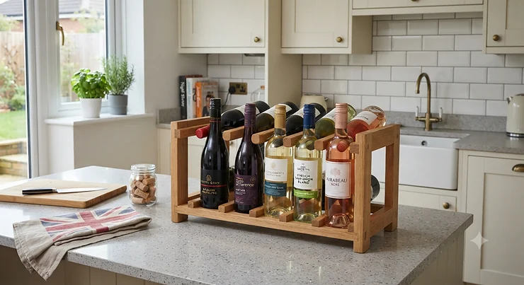A stylish wooden countertop wine rack holding multiple bottles on a modern British kitchen worktop