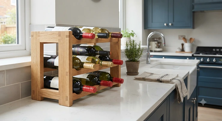 Solid oak wooden countertop wine rack holding multiple bottles in a modern British kitchen