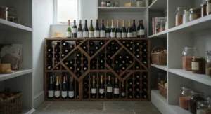 Solid wood modular wine rack system organised inside a traditional British walk-in larder pantry.