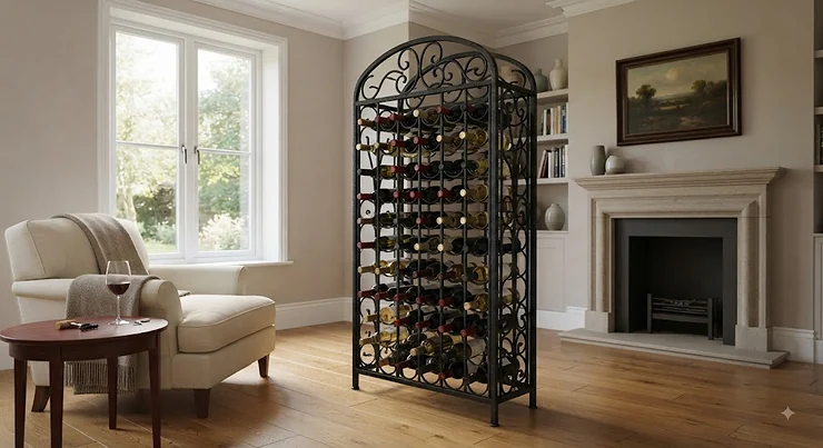 A stylish freestanding wrought iron wine rack holding multiple bottles in a modern British living room, wrought iron wine rack freestanding