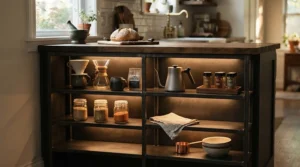 Built-in wine storage cabinet integrated into a sleek London kitchen island