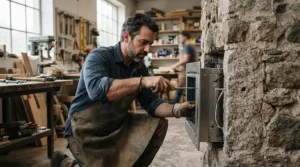 A DIY enthusiast fitting a through wall wine cellar cooler into a converted cellar in a Yorkshire farmhouse.