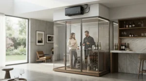 Discreet split system wine cellar cooling unit integrated into a modern glass-walled tasting room