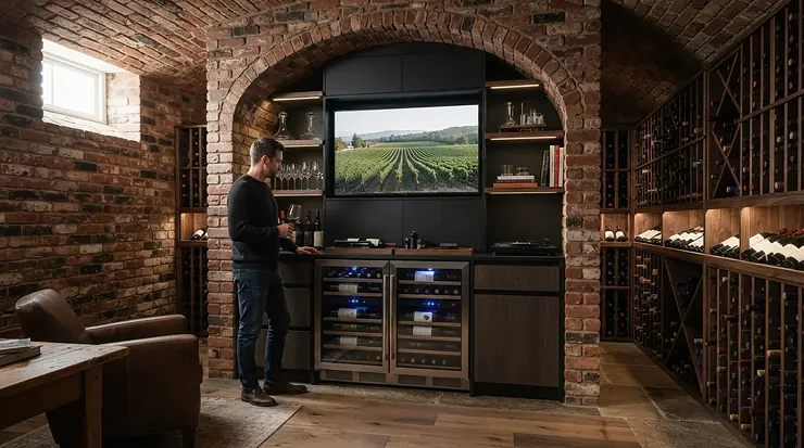 Energy-efficient split system wine cellar cooling unit operating in a subterranean Victorian basement conversion
