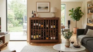 A stylish freestanding wine storage cabinet positioned in a modern British living room filled with natural light.