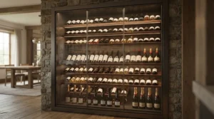 Glass front locking wine cabinet for home displaying vintage bottles on wooden shelves