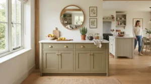 Contemporary grey painted wine sideboard and credenza with marble top in a kitchen diner