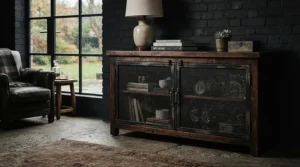 Industrial style metal and wood wine sideboard and credenza set against an exposed brick wall
