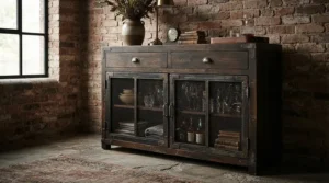 Industrial metal and wood wine sideboard and credenza holding vintage wine bottles in a flat