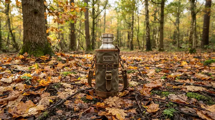 An insulated wine carrier for 2 bottles resting among autumn leaves during a countryside stroll.