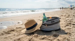 A thermal insulated wine carrier for 2 bottles positioned beside a beach bag on sand.