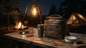 An insulated wine carrier for 2 bottles set on a wooden camping table at dusk.