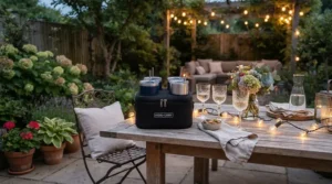 A stylish insulated wine carrier for 2 bottles placed on a garden table during a barbecue.