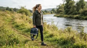 An insulated wine carrier for 2 bottles carried along a scenic riverbank path.