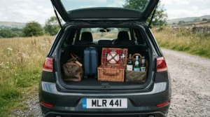 An insulated wine carrier for 2 bottles packed inside a car boot for a weekend getaway.
