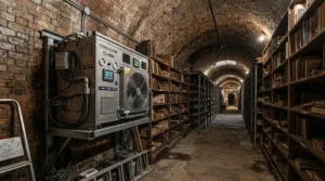 Large capacity split system wine cellar cooling unit installed in an extensive country estate cellar