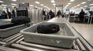 A leakproof wine travel bag placed on an airport security tray ready for inspection