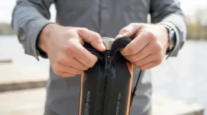 A leakproof wine travel bag showing sealed ziplock and velcro closure mechanisms