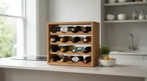 A compact lockable wine cabinet for home tucked neatly into a fitted kitchen corner