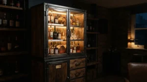 Modern metal and wood locking wine cabinet for home with interior LED lighting