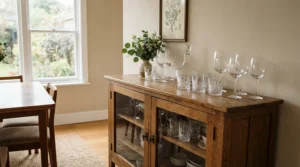 Solid oak wine sideboard and credenza styled with glassware in a modern British dining room
