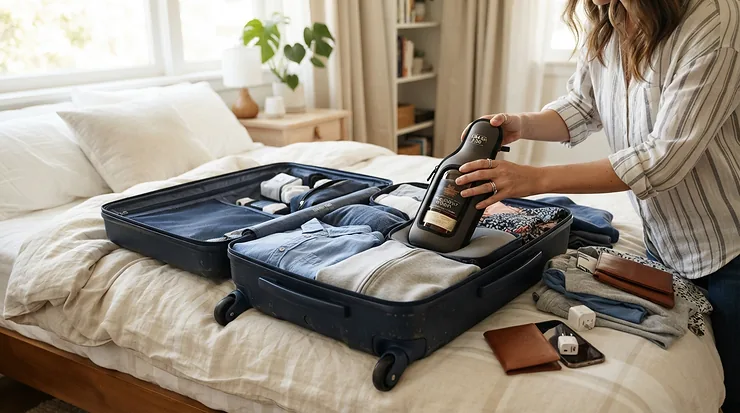 A traveller packing a suitcase with a cushioned padded wine bottle bag for shipping souvenirs home.