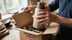 A securely padded wine bottle bag for shipping placed inside a cardboard delivery box on a kitchen table.