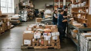 A postal worker sorting parcels that include a heavy-duty padded wine bottle bag for shipping.