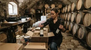 A boutique vineyard worker packing bottles into a padded wine bottle bag for shipping directly to customers.