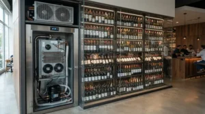 Professional split system wine cellar cooling unit keeping optimal temperature in a Michelin-starred restaurant